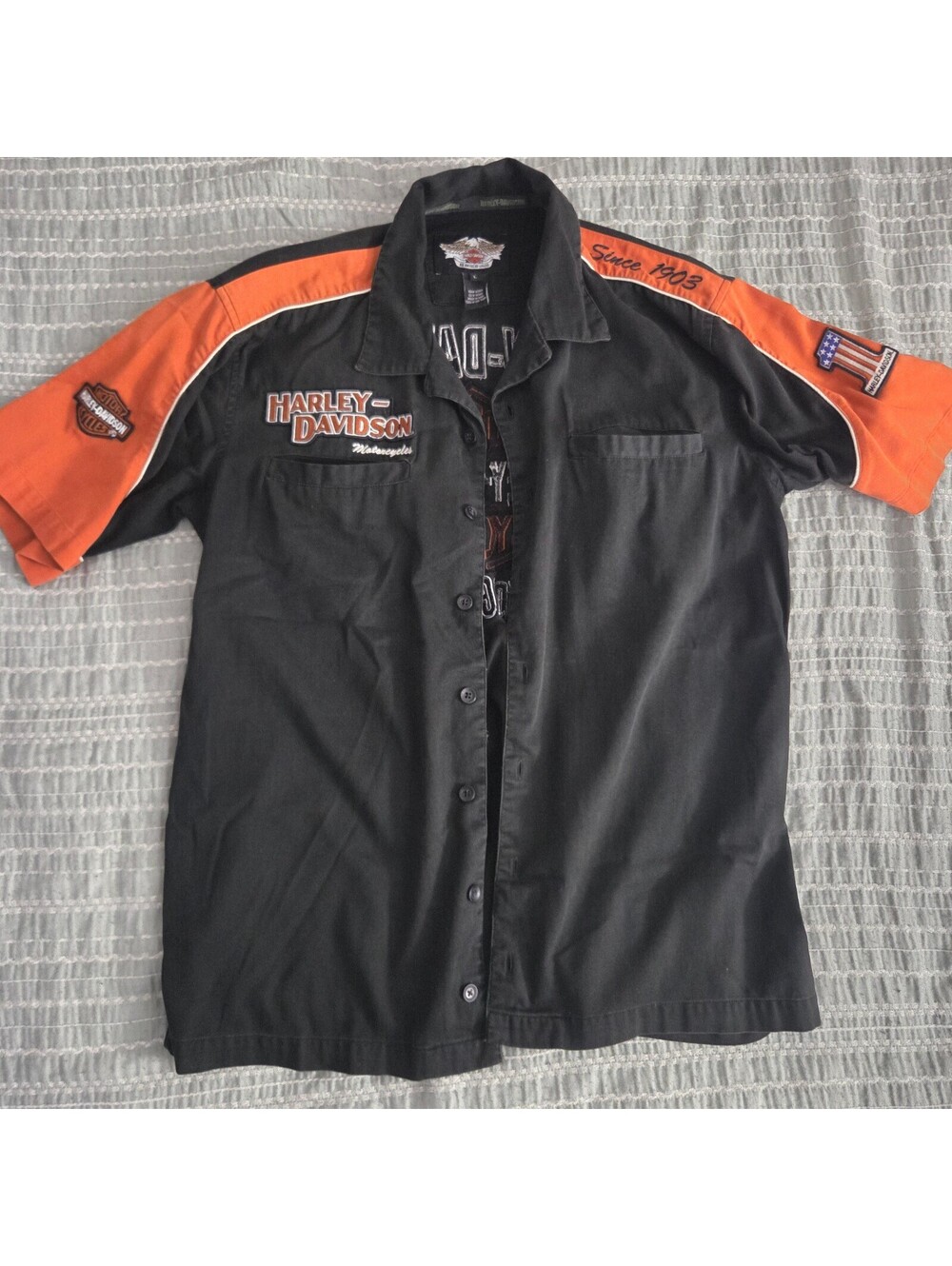 Harley-Davidson black and orange sleeve button-up shirt